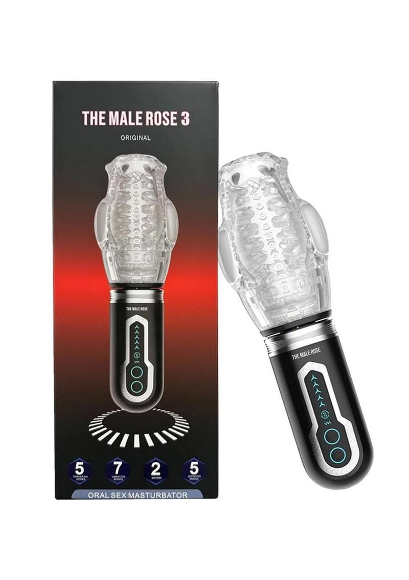 The Male Rose 3 Rechargeable Thrusting Rotating Masturbator - Black/Clear
Male Rose 3 Thrusting, Rotating, Vibrating Masturbator with transparent design and detachable sleeve.
Male Rose 3, thrusting penis masturbator, vibrating male toy, rotating masturbation cup, oral sex simulator, rechargeable male masturbator, transparent masturbator cup, realistic male toy, penis training device, waterproof sleeve masturbator.