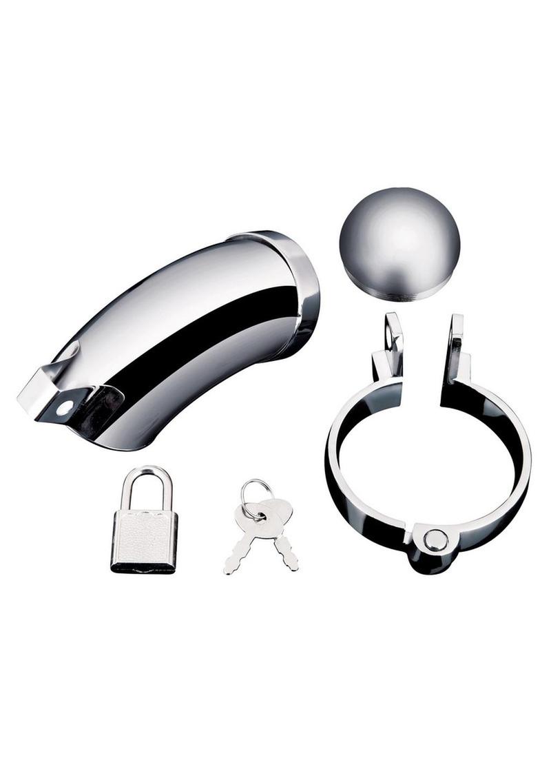 Blue Line Submission Cage, silver, stainless steel cock cage with testicle ring, BDSM restraint, durable and secure.
stainless steel cock cage, BDSM cock cage, penis restraint, orgasm denial toy, erection prevention cage, silver cock cage, testicle ring BDSM, bondage restraint, stainless steel BDSM toy.