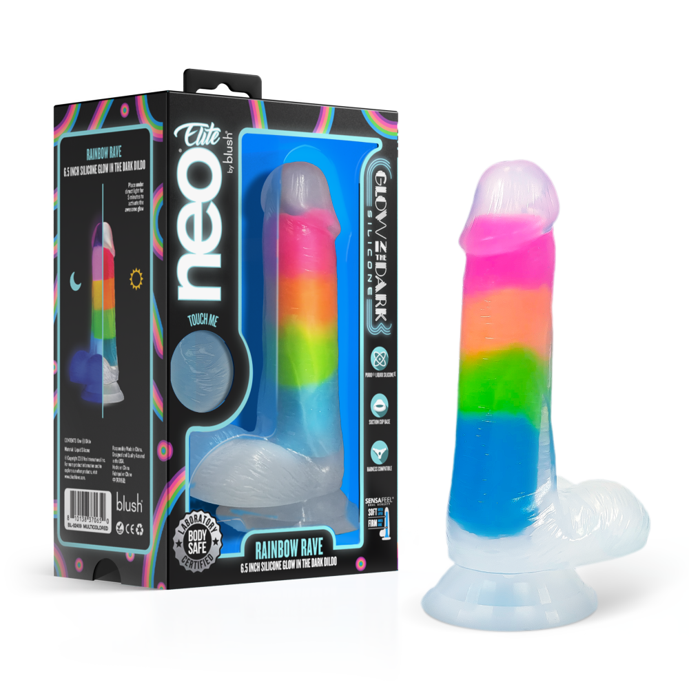 A vibrant glow-in-the-dark rainbow dildo with dual-density silicone, a suction cup base, and lifelike details. Perfect for hands-free or strap-on play. Keywords: Neo Elite Rainbow Rave, glow-in-the-dark dildo, rainbow dildo, Sensa Feel, dual-density silicone, Purio silicone, harness-compatible dildo, suction cup dildo, body-safe silicone, lifelike dildo, beginner-friendly toy