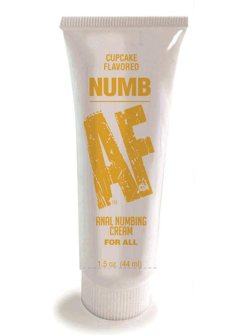 Tube of Cupcake Flavored NUMB AF Anal Numbing Cream in a 1.5 oz (44 ml) size. The packaging features bold blue text with "NUMB AF" prominently displayed, along with "Anal Numbing Cream For All" beneath it. The flavor is listed at the top, and the tube has a simple, clean design, emphasizing its numbing function and flavor.