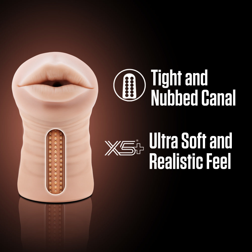 Beige male masturbator with a tight, nubbed canal, vibrating bullet, and ultra-soft X5® Plus material for realistic oral sensations.
male stroker, Nicole masturbator, vibrating stroker, tight canal, vibrating bullet, X5® Plus material, open-ended design, lifelike male toy, realistic sensations, compact masturbator, lube compatible, AI-inspired sex toy, portable stroker