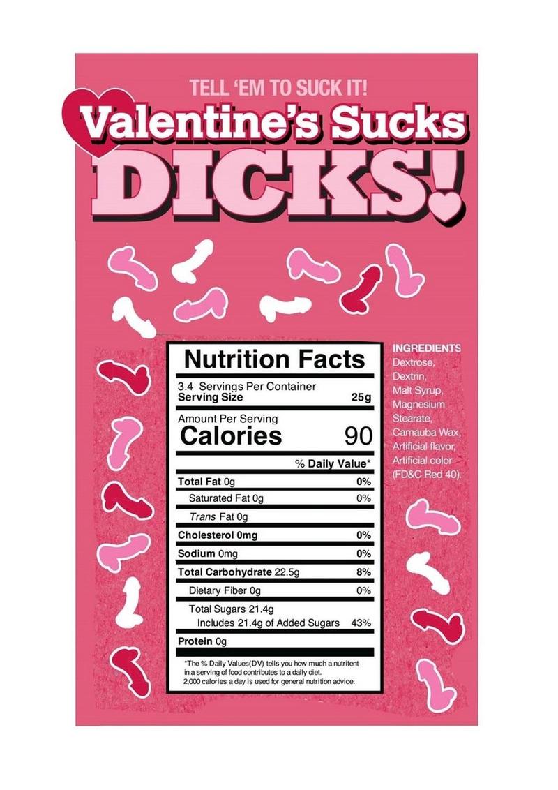 3oz bag of Valentine’s Sucks DICKS! candy with 100+ funny, cheeky pieces, perfect for anti-Valentine’s Day fun.
Valentine’s Sucks DICKS candy, anti-Valentine’s Day candy, gag gift candy, funny Valentine’s candy, cheeky candy treats, sarcastic Valentine’s candy, 3oz candy bag, candyprints Valentine’s.