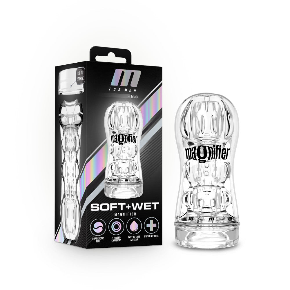 M For Men Magnifier Clear Masturbator with self-lubricating design, four pleasure chambers, Perfectflo suction, and a pliable, open-ended canister.
M For Men Magnifier, self-lubricating stroker, clear masturbator, Perfectflo suction, realistic male stroker, textured chambers stroker, open-ended masturbator, large male stroker, body-safe TPE stroker, Blush stroker.