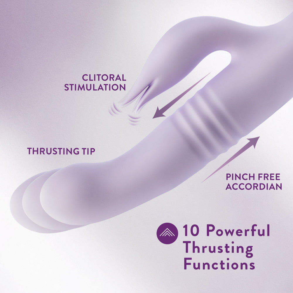 Lavender rabbit vibrator with thrusting vibrations, dual stimulation, and waterproof silicone design for G-spot and clitoral pleasure.
Keywords: rabbit vibrator, Rylee vibrator, thrusting vibrator, G-spot vibrator, clitoral stimulation, dual-stimulation vibrator, waterproof vibrator, USB rechargeable, platinum-cured silicone, soft silicone vibrator, 9.25-inch vibrator, satin smooth, body-safe vibrator