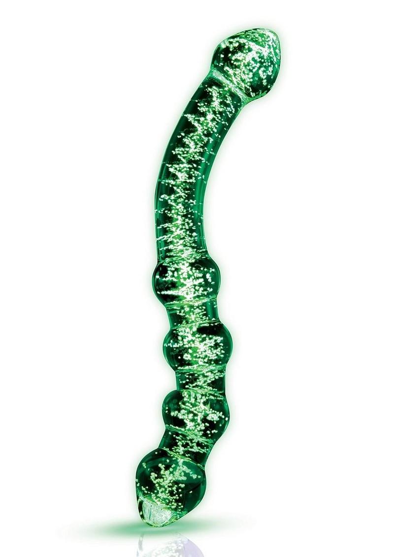Glow In The Dark 6.5" Dual-Ended Beaded Glass Dildo | Glow-in-the-dark dual-ended glass dildo with a curved design, half-beaded and half-smooth texture, perfect for G-Spot or P-Spot stimulation Medusas Glow In The Dark 6.5" Dual-Ended Beaded Glass Dildo | Glow-in-the-dark dual-ended glass dildo with a curved design, half-beaded and half-smooth texture, perfect for G-Spot or P-Spot stimulation Medusas
