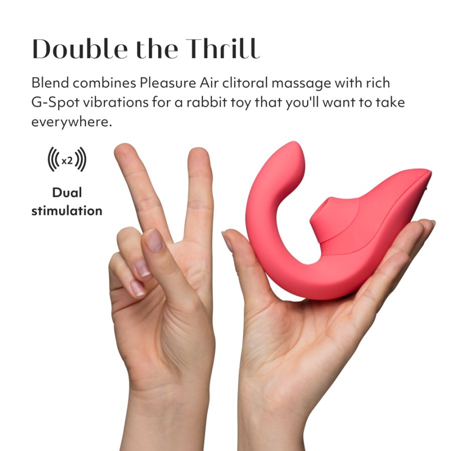 Womanizer Blend rabbit vibrator with Pleasure Air Technology, G-spot vibrations, and ergonomic design for dual stimulation and blended orgasms.
Keywords: dual stimulation, rabbit vibrator, Pleasure Air Technology, G-spot vibrations, 8 intensity levels, 6 vibration modes, waterproof, USB rechargeable, eco-friendly packaging, body-safe silicone, beginner-friendly.