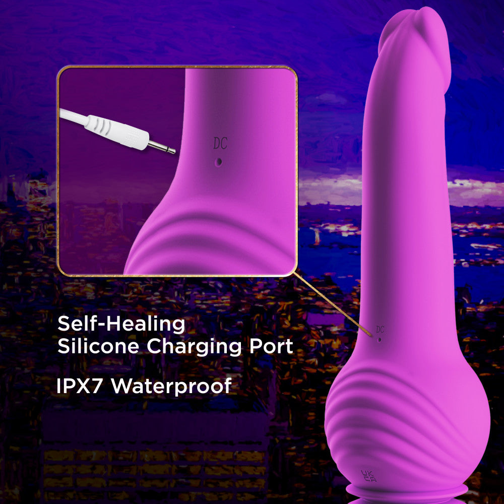 Purple G-spot dildo with thumping and vibrating Gen 2 Gyro-Quake™ technology, suction base, and waterproof silicone design.
Keywords: Impressions New York, vibrating dildo, G-spot dildo, thumping dildo, Gyro-Quake technology, silicone dildo, suction cup dildo, IPX7 waterproof, platinum-cured silicone, USB rechargeable, 9.75-inch dildo, ergonomic design, hands-free pleasure, luxury sex toy