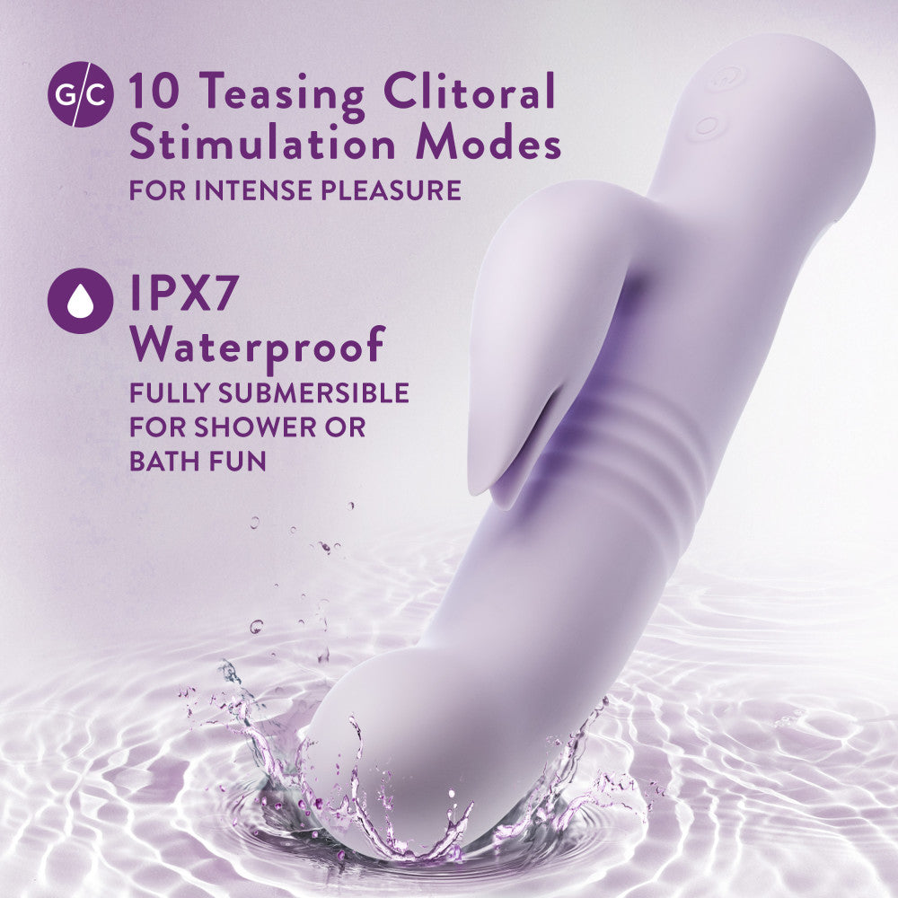 Lavender rabbit vibrator with thrusting vibrations, dual stimulation, and waterproof silicone design for G-spot and clitoral pleasure.
Keywords: rabbit vibrator, Rylee vibrator, thrusting vibrator, G-spot vibrator, clitoral stimulation, dual-stimulation vibrator, waterproof vibrator, USB rechargeable, platinum-cured silicone, soft silicone vibrator, 9.25-inch vibrator, satin smooth, body-safe vibrator