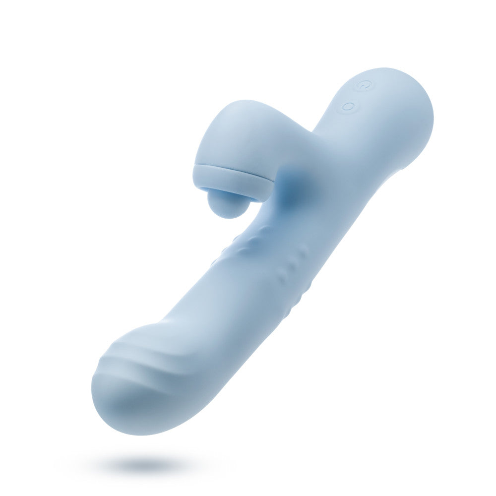 Blue dual-stimulation rabbit vibrator with sliding beads, come-hither motion, and clitoral massaging ball for waterproof play.
Keywords: rabbit vibrator, Devin vibrator, G-spot vibrator, clitoral stimulation, dual-stimulation, sliding beads vibrator, come-hither motion, waterproof vibrator, USB rechargeable, soft silicone, body-safe, 9.25-inch vibrator, massaging beads, clitoral thumper