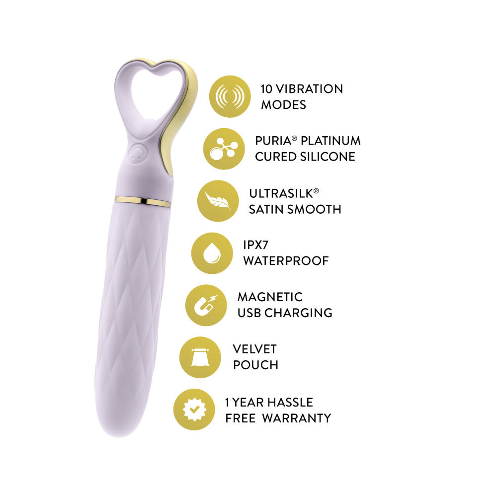 A chic, heart-shaped vibrator with 10 vibration modes, a tapered tip, and a gold-accented handle. Made from soft silicone, it’s splashproof, USB rechargeable, and compact for travel.
Keywords: Delice vibrator, heart-shaped handle, chic vibrator, Puria silicone, UltraSilk finish, splashproof vibrator, USB rechargeable, travel-friendly vibrator, 10 vibration modes, compact vibrator, body-safe silicone, giftable vibrator
