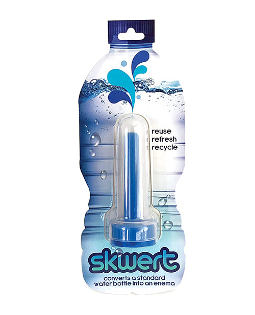 Product shown in packaging. Reuse refresh and recycle. Packaging is shaped like a plastic bottle. Read converts a standard water bottle into an enema.