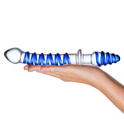 10-inch double-ended glass dildo with a tapered tip and swirling ridges for G-spot or backdoor stimulation. Hypoallergenic, fracture-resistant, and temperature-responsive.

Gläs Mr. Swirly dildo, 10-inch glass dildo, double-ended glass dildo, glass butt plug, ridged glass dildo, G-spot glass toy, P-spot stimulation toy, hypoallergenic glass dildo, temperature-responsive glass toy, handblown artisan glass dildo