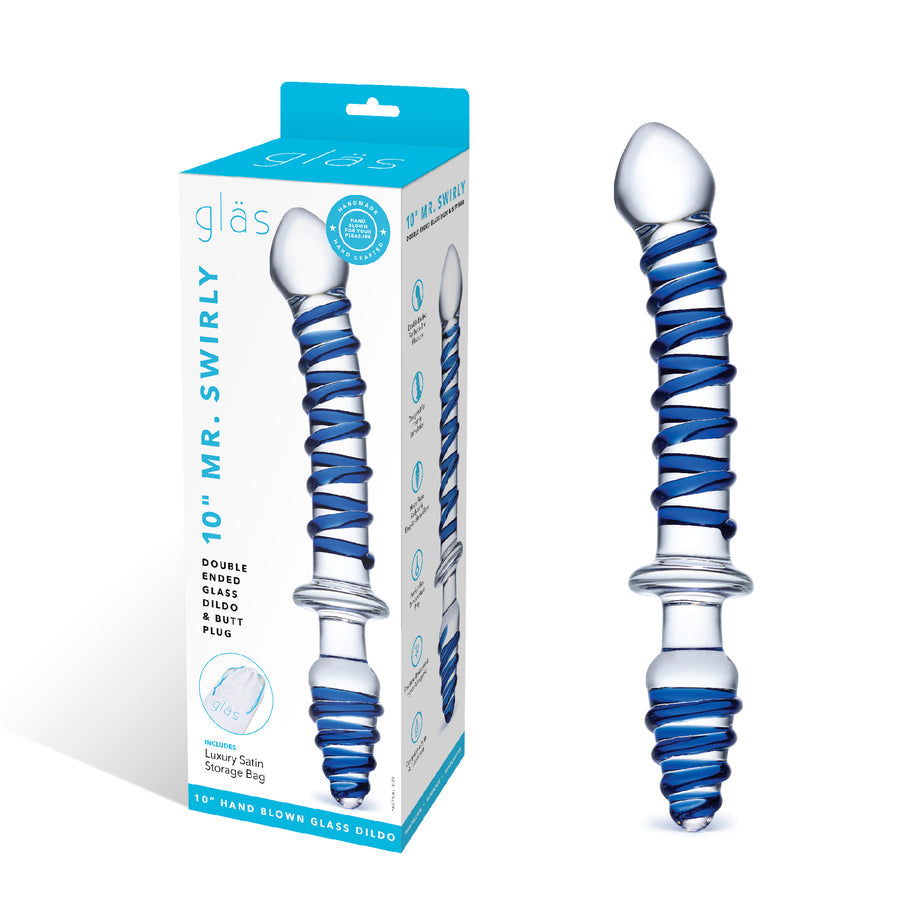 10-inch double-ended glass dildo with a tapered tip and swirling ridges for G-spot or backdoor stimulation. Hypoallergenic, fracture-resistant, and temperature-responsive.

Gläs Mr. Swirly dildo, 10-inch glass dildo, double-ended glass dildo, glass butt plug, ridged glass dildo, G-spot glass toy, P-spot stimulation toy, hypoallergenic glass dildo, temperature-responsive glass toy, handblown artisan glass dildo