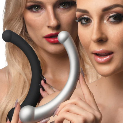 Crescent-shaped vibrating dual-ended dildo in Silver or Black, featuring 3 speeds, 7 patterns, premium silicone, and waterproof design for G-spot or P-spot stimulation.

10X Vibra-Crescent dildo, crescent-shaped vibrator, G-spot vibrator, P-spot stimulator, Silver vibrating dildo, Black dual-ended dildo, waterproof silicone vibrator, rechargeable crescent dildo, 10-mode vibrator, premium silicone sex toy