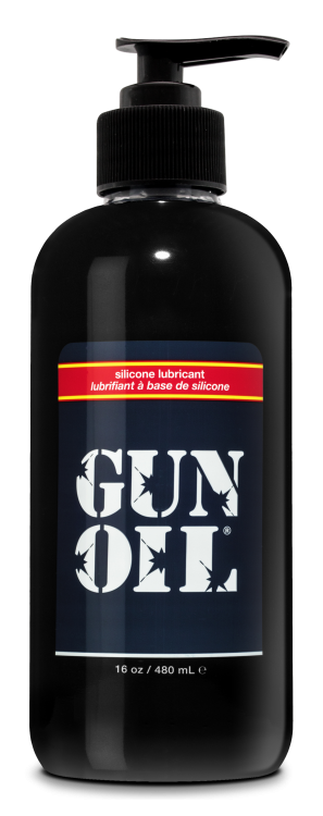 GUN OIL® silicone lubricant with long-lasting slickness, waterproof formula, Vitamin E, Aloe Vera, hypoallergenic ingredients, and latex condom compatibility.
