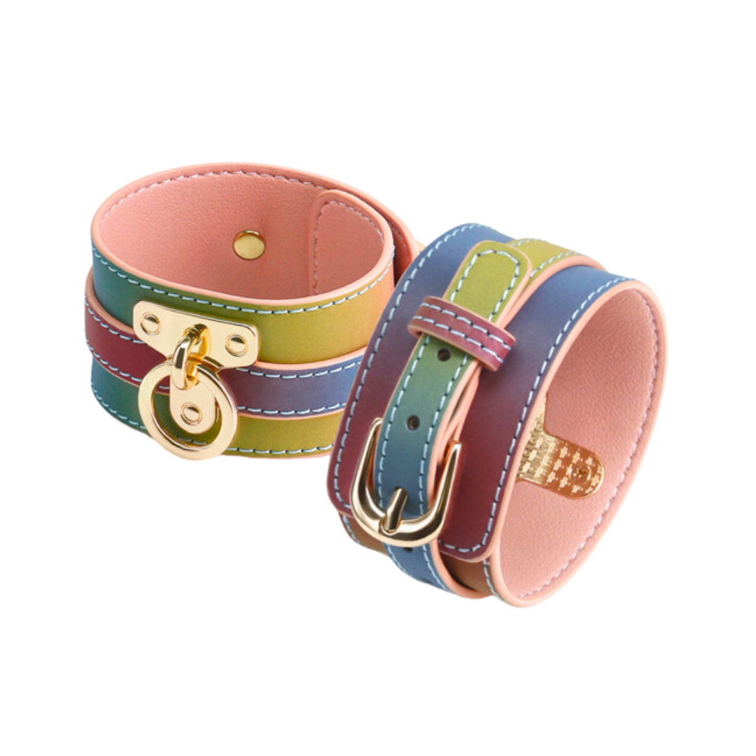 Rainbow ankle cuffs with adjustable faux leather straps and couture hardware for stylish bondage play.

Spectra Bondage Ankle Cuffs Rainbow, rainbow BDSM ankle cuffs, colorful bondage restraints, faux leather cuffs, NS Novelties ankle cuffs, adjustable ankle restraints, vibrant BDSM accessories, stylish bondage gear, kink ankle cuffs, colorful fetish restraints.






