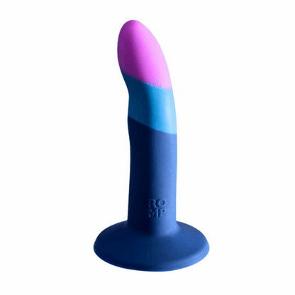 5-inch curved silicone dildo with suction-cup base, harness compatibility, and bullet vibe pairing.

5-inch silicone dildo, curved dildo, g-spot and p-spot stimulation, suction-cup dildo, strap-on compatible dildo, double penetration dildo, ROMP Riot compatible, waterproof silicone dildo, beginner-friendly dildo, body-safe non-realistic dildo, blue silicone dildo, purple silicone dildo.