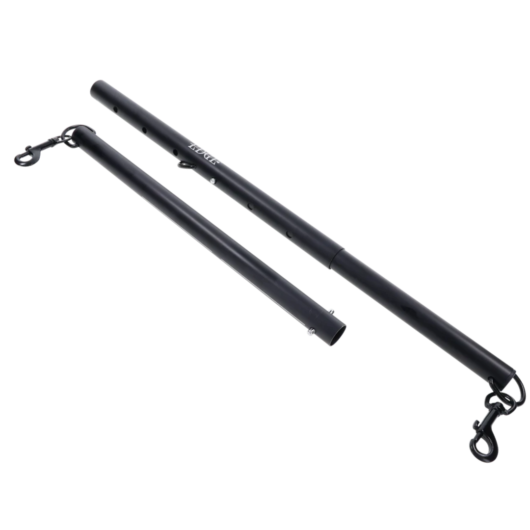 Adjustable aluminum spreader bar with nickel-free hardware, expands 28.5"–37". Includes clips for cuffs, middle attachment, and travel-friendly design.
