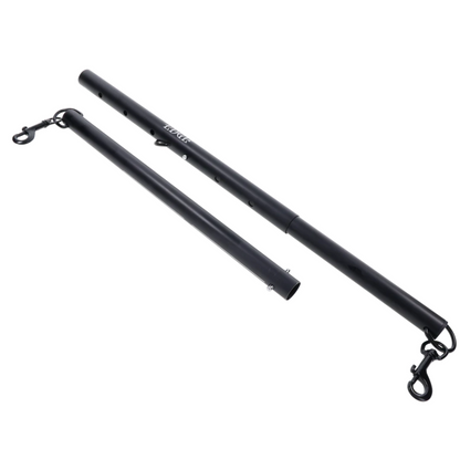 Adjustable aluminum spreader bar with nickel-free hardware, expands 28.5"–37". Includes clips for cuffs, middle attachment, and travel-friendly design.