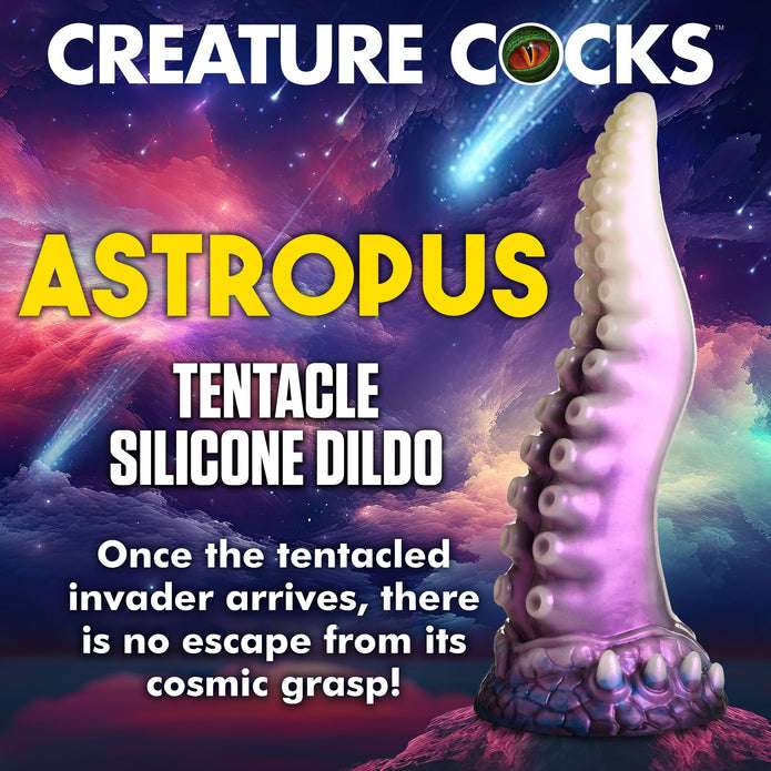 Astropus fantasy tentacle dildo with textured suckers, tapered tip, premium silicone, suction cup base, and harness compatibility for roleplay and sci-fi pleasure.

