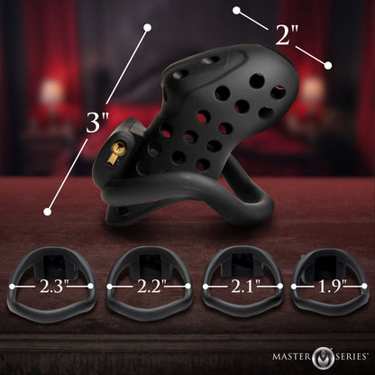 Lock Down Chastity Cage with breathable design, four adjustable rings, cum-thru tip, and secure locking system for BDSM chastity play