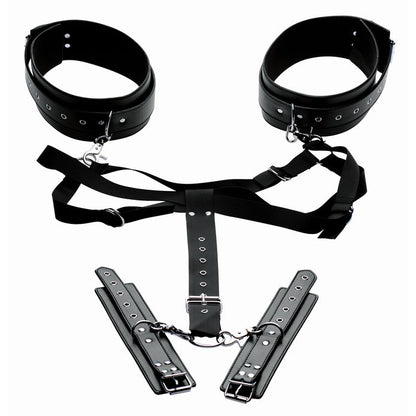 Adjustable submissive positioning harness in black with durable neoprene and PU leather cuffs, customizable chest strap, and wrist and thigh restraints for bondage play.

Adjustable submissive harness, BDSM positioning harness, bondage restraint harness, submissive restraint system, adjustable bondage gear, neoprene bondage harness, PU leather wrist cuffs, thigh restraint harness, BDSM leg-spreading harness, intimate bondage aid.