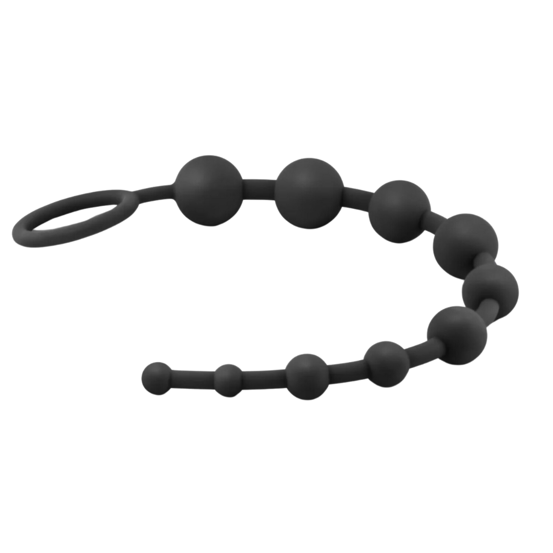 Anal Adventure Platinum Silicone 10 Anal Beads Black silicone anal beads with a pull ring, featuring 10 progressively sized beads for added stimulation