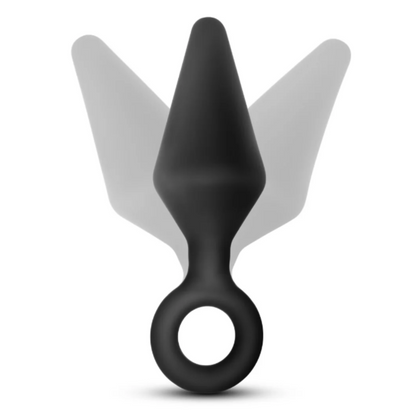 A product image of the Anal Adventures Platinum Silicone Loop Plug Kit by Blush Novelties. The packaging displays three black tapered plugs with loop bases in small, medium, and large sizes, made from 100% silicone with a smooth finish.