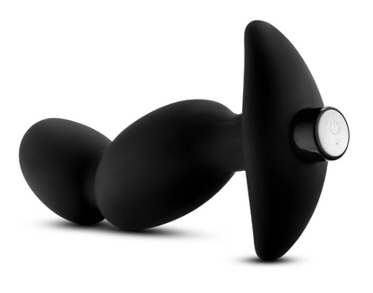 Anal Adventures Platinum Silicone Rechargeable Vibrating Prostate Massager on its side from behind showing charging port