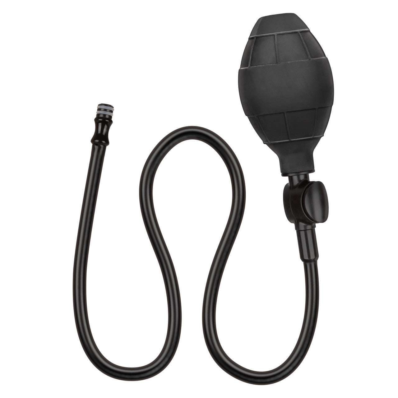 CalExotics Large Silicone Inflatable Plug. Featuring an inflatable design with a detachable hose, quick-release valve, and powerful suction cup base, this body-safe silicone probe offers customizable sizing and hands-free fun. Measures 5.25” x 1.5” before inflation.