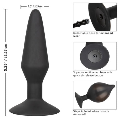 CalExotics Large Silicone Inflatable Plug. Featuring an inflatable design with a detachable hose, quick-release valve, and powerful suction cup base, this body-safe silicone probe offers customizable sizing and hands-free fun. Measures 5.25” x 1.5” before inflation.
