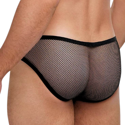 Men's black Fishnet Brazilian Brief featuring a golden Banana Cabana logo, crafted with luxurious polyester and elastane for a bold and comfortable fit. Available in S/M, M/L, and L/XL.

