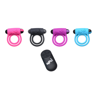 Bang! Vibrating Cock Ring with dual rings, vibrating bullet, 4 speeds, 7 patterns, and remote control.
Keywords: vibrating cock ring, dual-ring cock ring, cock and ball ring, Bang! vibrating cock ring, clitoral stimulation cock ring, silicone cock ring, waterproof cock ring, rechargeable cock ring, remote-controlled cock ring, body-safe cock ring, 4-speed cock ring, 7-pattern cock ring, erection-enhancing ring, black cock ring, blue cock ring, purple cock ring, pink cock ring.