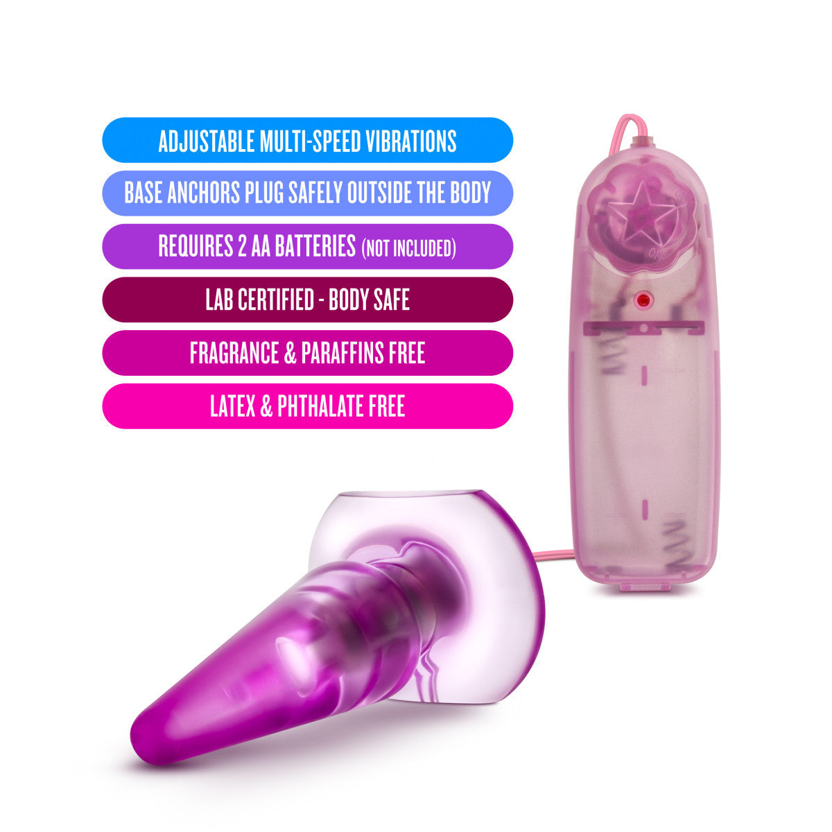 B Yours Basic Pleaser Vibrating Anal Plug, beginner-friendly, adjustable speeds, splashproof, PVC, available in blue and pink.
Keywords: vibrating anal plug, beginner anal toy, adjustable-speed anal plug, remote-control anal plug, waterproof anal plug, non-porous PVC plug, body-safe anal plug, blue vibrating anal plug, pink vibrating anal plug, anal plug for beginners.