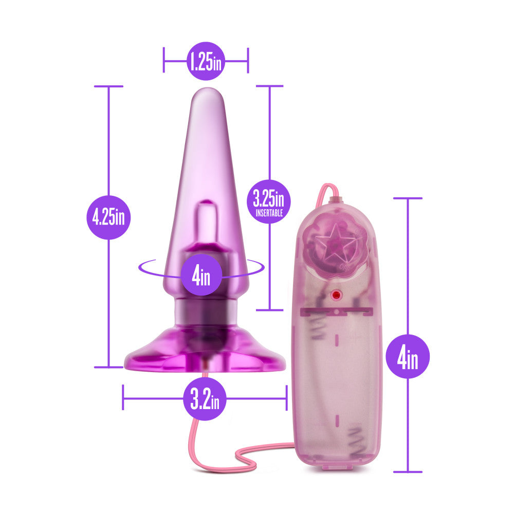 B Yours Basic Pleaser Vibrating Anal Plug, beginner-friendly, adjustable speeds, splashproof, PVC, available in blue and pink.
Keywords: vibrating anal plug, beginner anal toy, adjustable-speed anal plug, remote-control anal plug, waterproof anal plug, non-porous PVC plug, body-safe anal plug, blue vibrating anal plug, pink vibrating anal plug, anal plug for beginners.