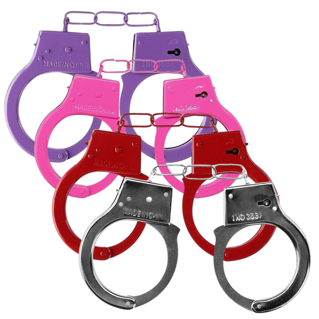 Beginner's Metal Handcuffs by Shots Toys in purple, pink, red, or silver with quick-release button and secure locking mechanism.
Beginner's Metal Handcuffs, colorful handcuffs, purple handcuffs, pink handcuffs, red handcuffs, silver handcuffs, quick-release handcuffs, bondage handcuffs, beginner bondage gear, metal handcuffs, playful restraint cuffs.