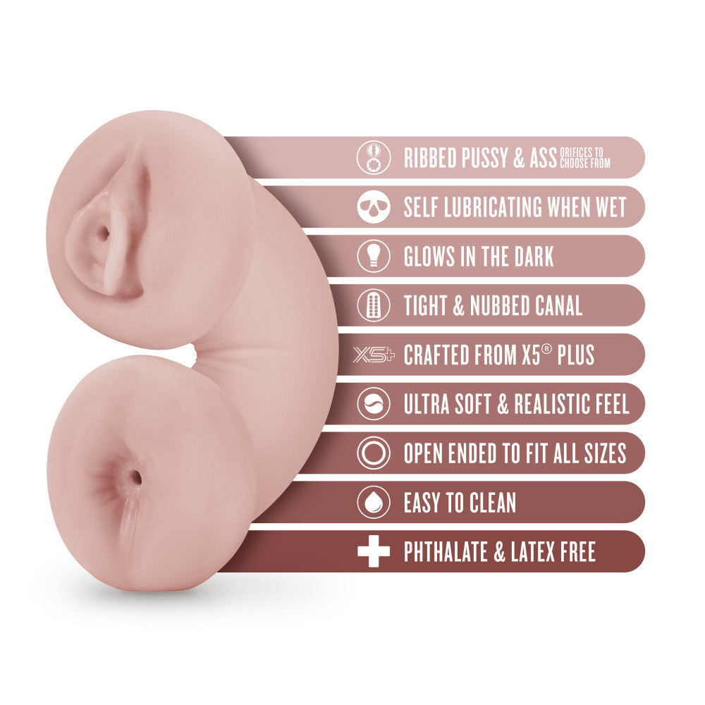 Beige male masturbator with ribbed pussy and ass openings, self-lubricating material, and glow-in-the-dark feature for lifelike sensations.
Keywords: male stroker, Tasha masturbator, ribbed orifices, pussy and ass stroker, X5® Plus material, self-lubricating stroker, glow-in-the-dark masturbator, open-ended design, lifelike texture, compact male toy, portable masturbator, realistic male toy