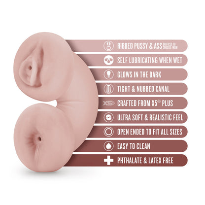 Beige male masturbator with ribbed pussy and ass openings, self-lubricating material, and glow-in-the-dark feature for lifelike sensations.
Keywords: male stroker, Tasha masturbator, ribbed orifices, pussy and ass stroker, X5® Plus material, self-lubricating stroker, glow-in-the-dark masturbator, open-ended design, lifelike texture, compact male toy, portable masturbator, realistic male toy