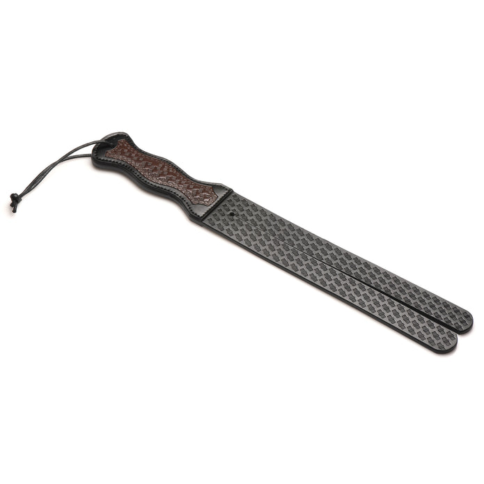 Black-and-brown vegan leather tawse whip with split ends and a curved handle, designed for stylish and functional BDSM impact play.