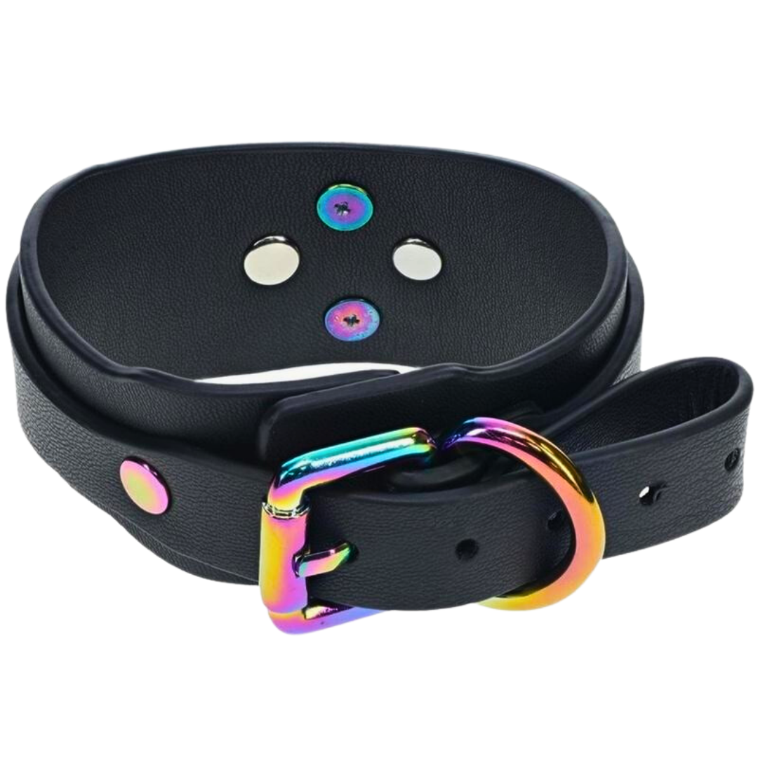 Black bonded leather handcuffs with iridescent hardware and a rainbow chain, designed for stylish BDSM restraint.