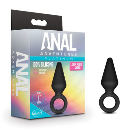 Black silicone loop plug and its packaging from the Anal Adventures Platinum series, featuring a sleek design and a safety loop base.