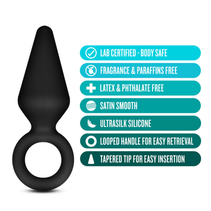 Black silicone loop plug from the Anal Adventures Platinum series, highlighted alongside its features: lab-certified body-safe, fragrance and paraffin-free, latex and phthalate-free, satin smooth, Ultrasilk silicone, looped handle for easy retrieval, and a tapered tip for easy insertion.