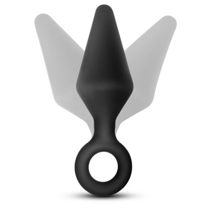  Black silicone loop plug from the Anal Adventures Platinum series, shown with a focus on its flexible and tapered design for easy insertion and retrieval.