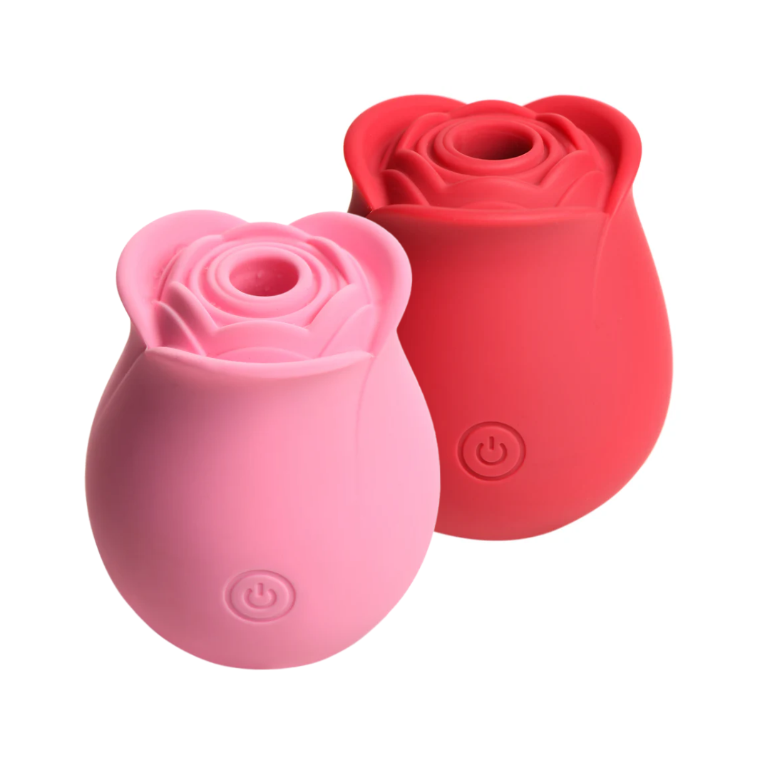 Bloomgasm rosebud clitoral suction stimulator with 3 levels, 7 patterns, waterproof design, premium silicone, USB rechargeable magnetic base, and phthalate-free material.

