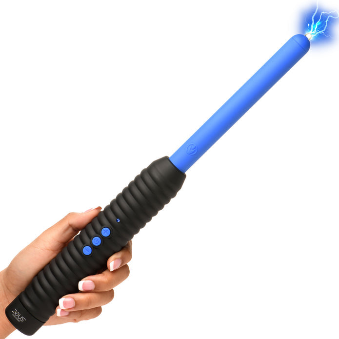 Zeus Electrosex Pinpoint Zapping Wand with two shock levels. Compact, black and blue ribbed handle for control. Perfect for intense sensory play.  Keywords: electrosex wand, Zeus zapping wand, BDSM e-stim tool, pinpoint electro wand, sensory play zapper, e-stim intensity wand, ribbed handle wand, portable electrosex toy, Zeus electro gear, electrical sensory toy.