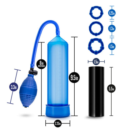 Blue penis enlargement kit with pump, stroke sleeve, and cock rings for harder, longer-lasting pleasure.

penis enlargement kit, Quickie Kit by Blush, Performance VX101 pump, penis pump, ribbed stroke sleeve, beaded cock rings, harder and bigger penis, silicone-safe materials, body-safe penis pump, water-based lube safe, blue penis pump kit.