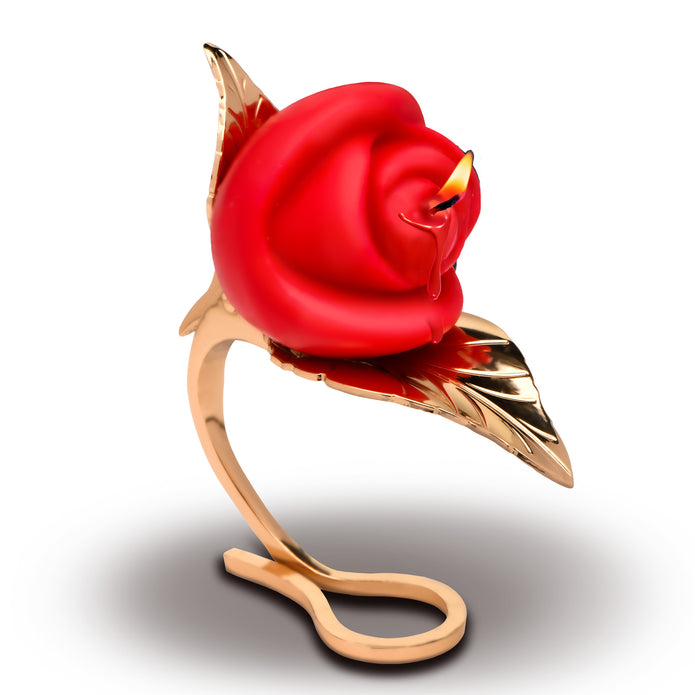 Burning Passion Rose Candle and Holder with golden leaf design, red rose soy candle, and low melting point wax for sensual temperature play