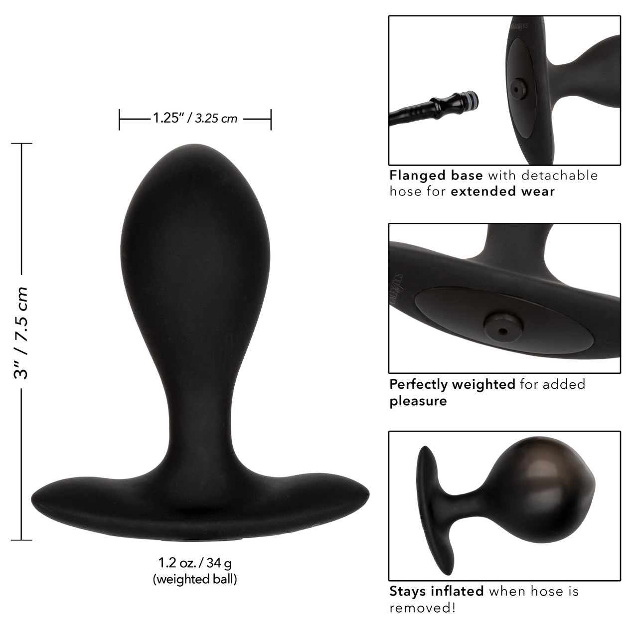 CalExotics Weighted Silicone Inflatable Plug with 1.2 oz weighted ball, customizable inflation, detachable hose, and quick-release valve for anal pleasure.

weighted inflatable plug, CalExotics inflatable anal plug, silicone anal plug, adjustable anal plug, weighted anal toy, customizable anal probe, phthalate-free inflatable plug, inflatable anal toy, quick-release anal plug, flexible silicone anal plug.