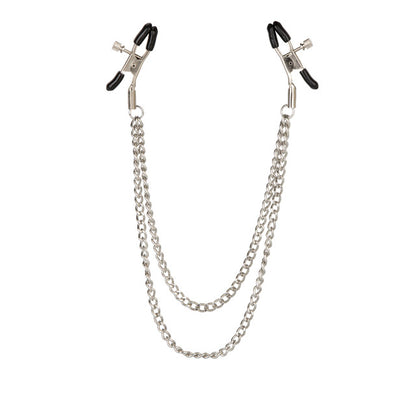 California Exotic Nipple Play Tiered Nipple Clamps with adjustable screws, soft PVC pads, and nickel-free iron chain for enhanced sensory play