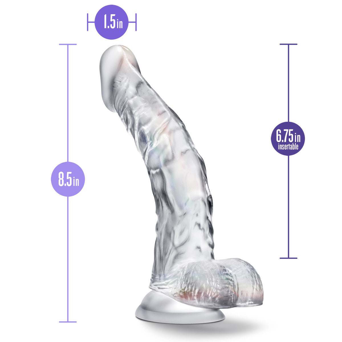 Clear Blush B Yours Diamond Luster dildo with a curved design, suction cup base, and harness compatibility.

Keywords: clear dildo, curved dildo, P-spot stimulation dildo, G-spot stimulation dildo, body-safe PVC dildo, suction cup dildo, harness-compatible dildo, realistic dildo, crystal-clear dildo, phthalate-free dildo, 8.5-inch dildo.